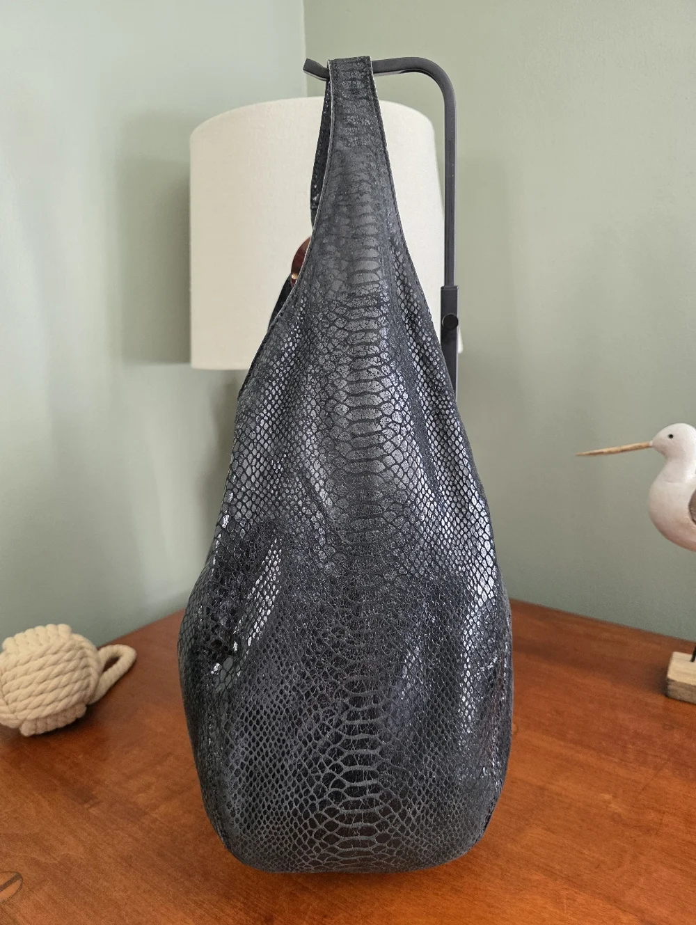 Michael Kors Slouchy Hobo Black Python Embossed Leather Shoulder Bag